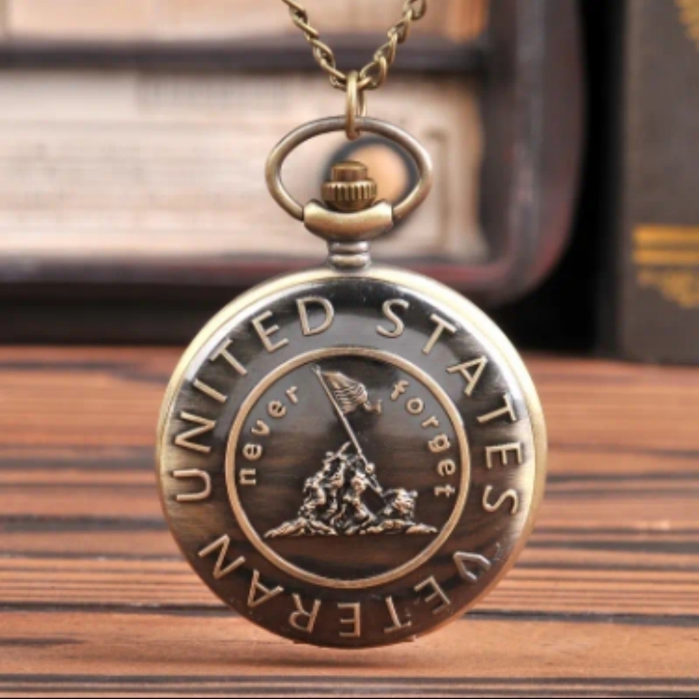 New mens veteran military pocket watch bronze with chain necklace
